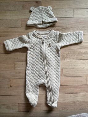 GAP Quilted Cream Baby Footed One-Piece with Bear-Ear Hat